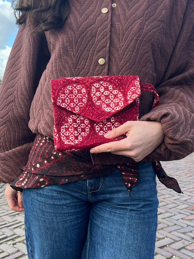 Red pouch made of real Batik cap from Indonesia
